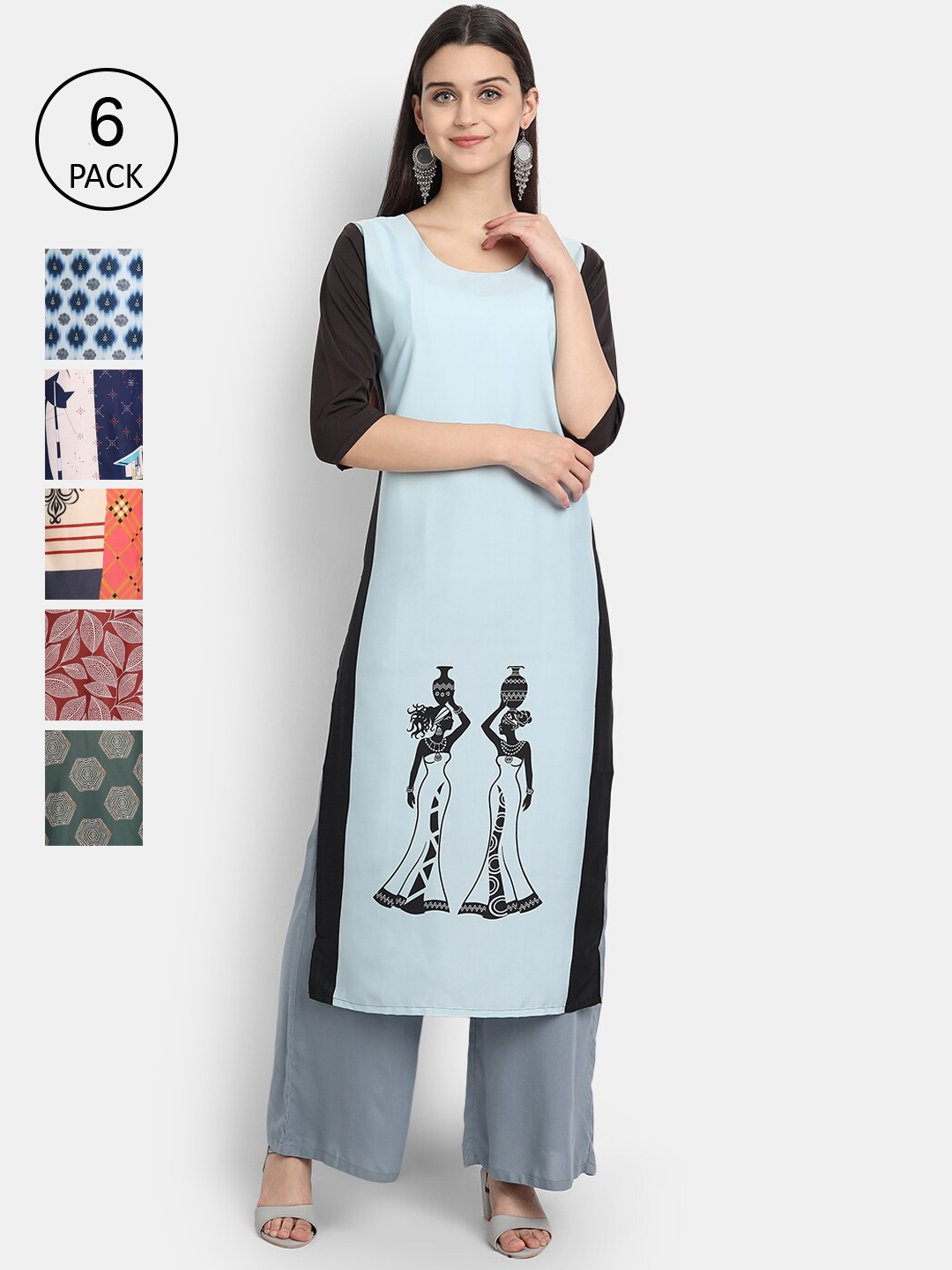 

1 Stop Fashion Women Pack of 6 Multicoloured Printed Crepe Straight Kurta, Multi