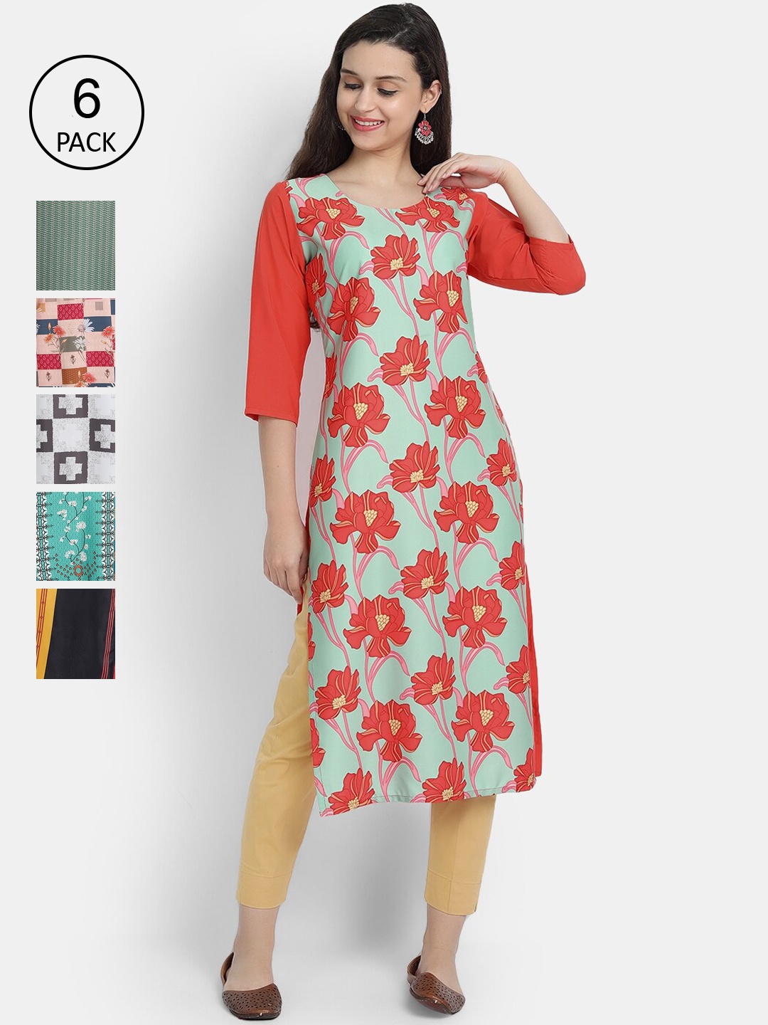 

1 Stop Fashion Women Pack Of 6 Multicoloured Digital Printed Crepe Kurta, Multi