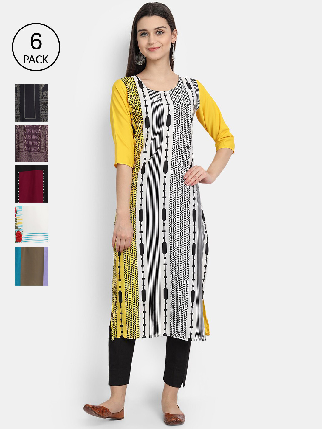 

1 Stop Fashion Women Pack of 6 Multicoloured Printed Crepe Straight Kurta, Multi