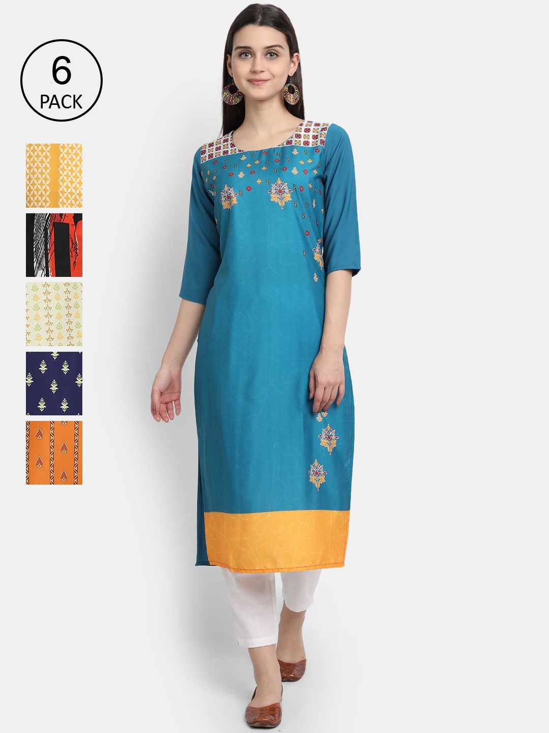 

1 Stop Fashion Women Pack of 6 Blue & Red Floral Printed Kurta