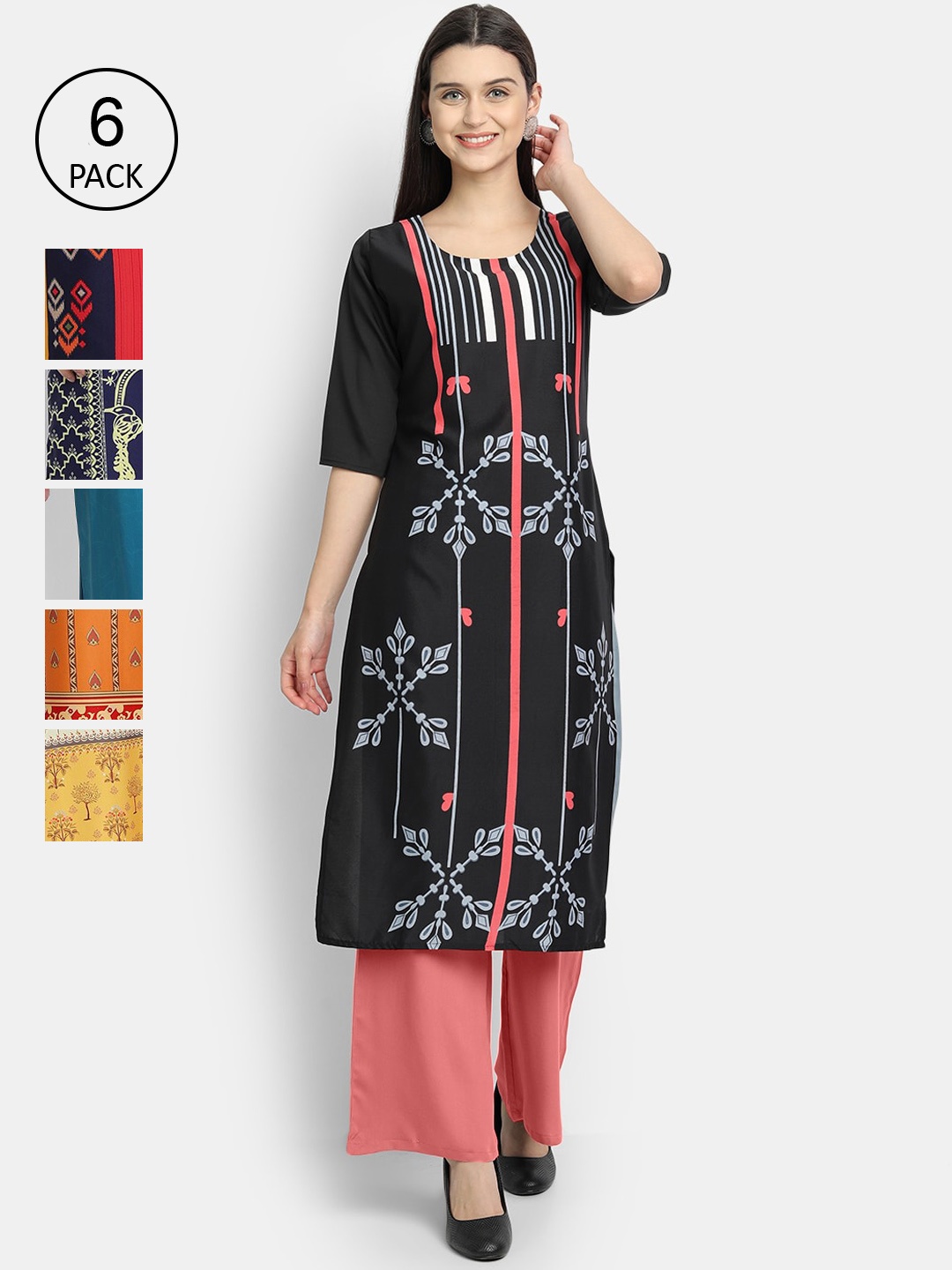 

1 Stop Fashion Women Pack Of 6 Multicoloured Geometric Printed Crepe Kurtas, Multi