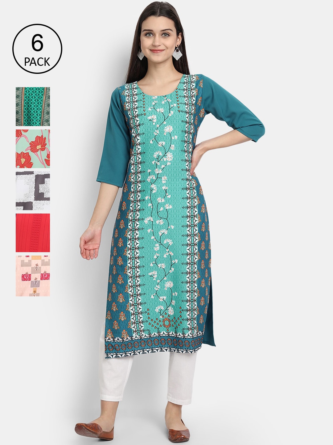 

1 Stop Fashion Women Set of 6 Printed Crepe Kurta, Multi