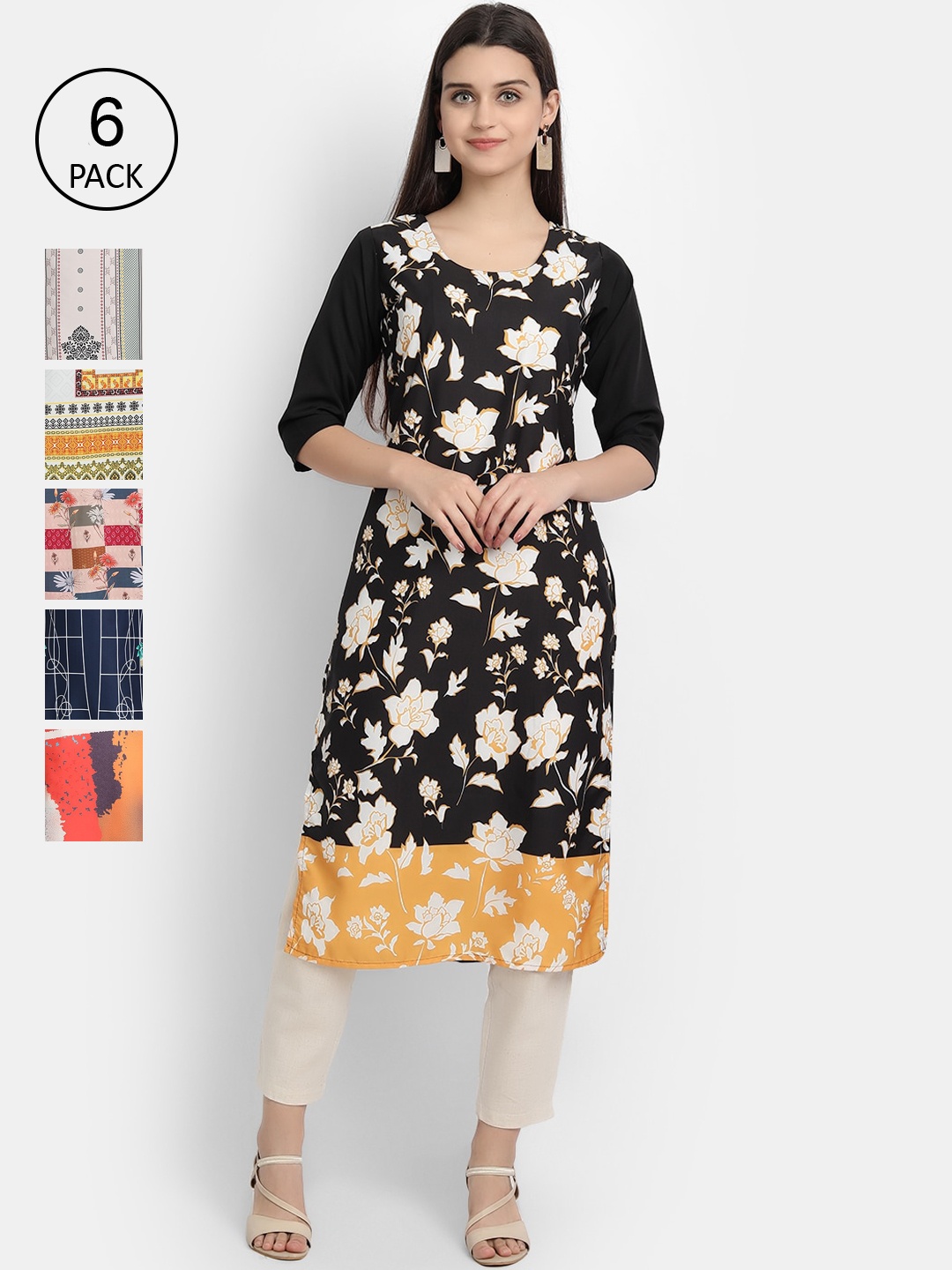 

1 Stop Fashion Women Set of 6 Printed Crepe Kurta, Multi