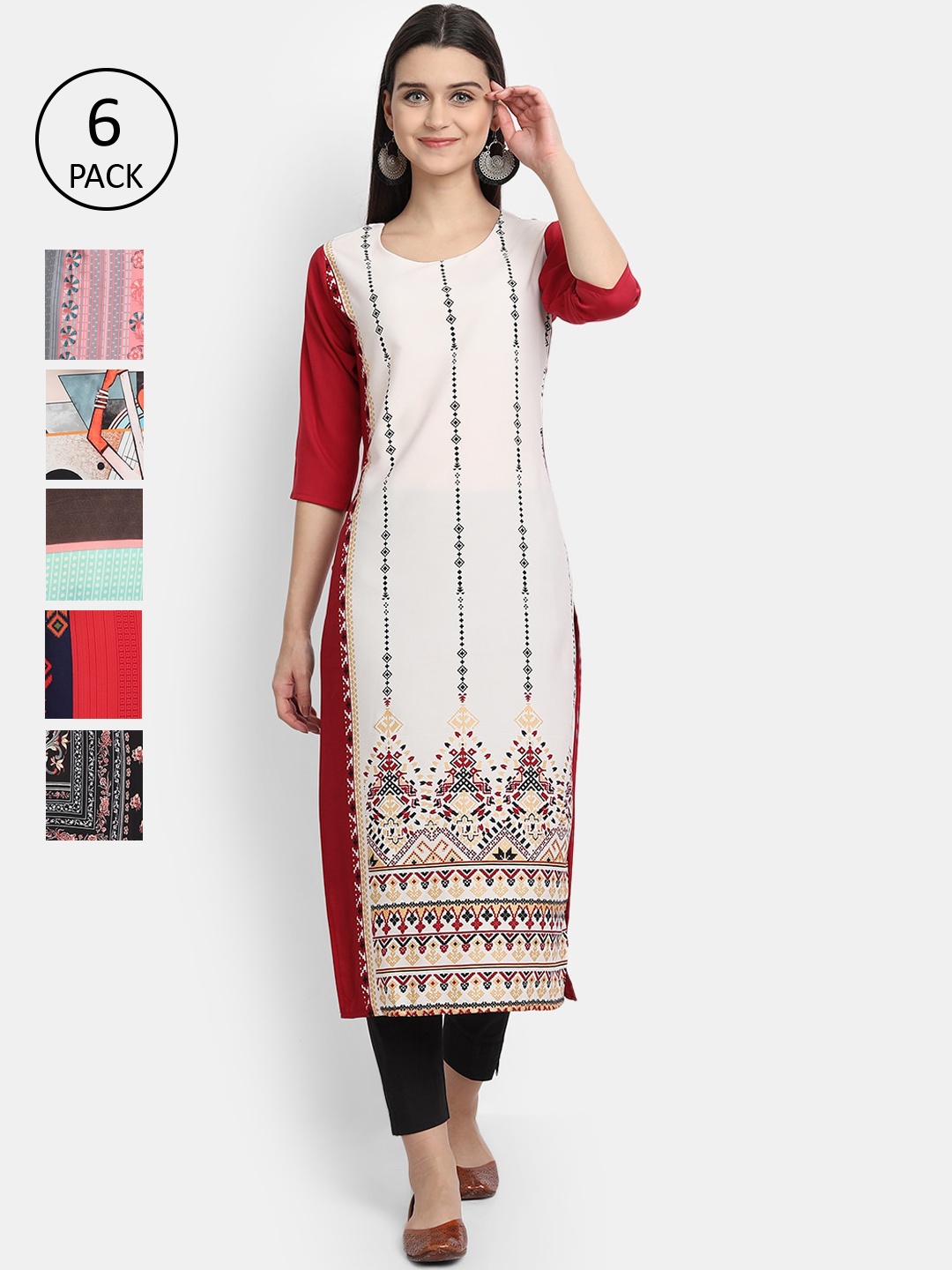 

1 Stop Fashion Women Pack Of 6 Multicoloured Digital Printed Crepe Kurta, Multi