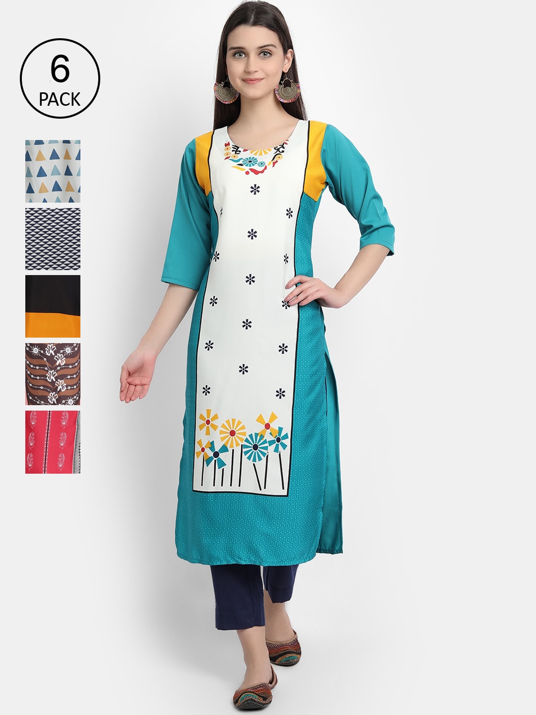 

1 Stop Fashion Pack of 6 Women Printed Crepe Kurta, Multi