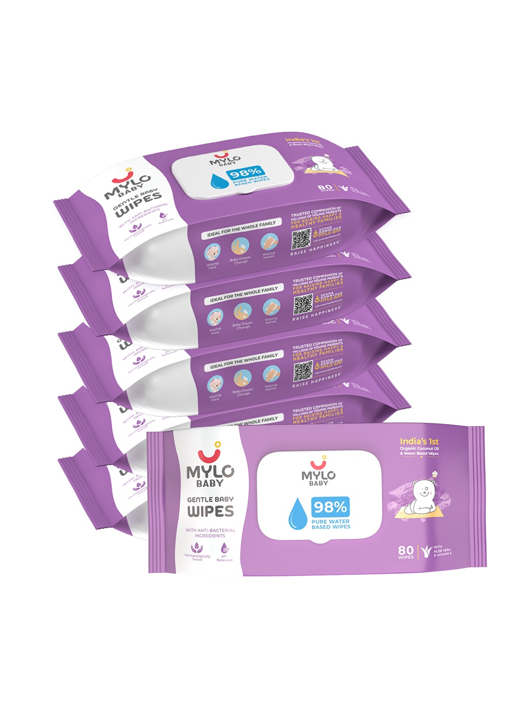 

Mylo Kids Pack Of 6 White Cleansing Baby Wipes with 98% Pure Water, Coconut Oil & Neem with Lid 80 pcs