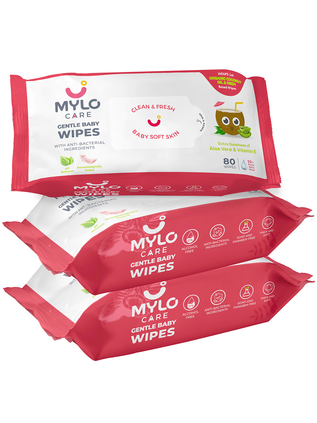

Mylo Set of 3 Gentle Baby Wipes with Organic Coconut Oil & Neem - 80 wipes per pack, White