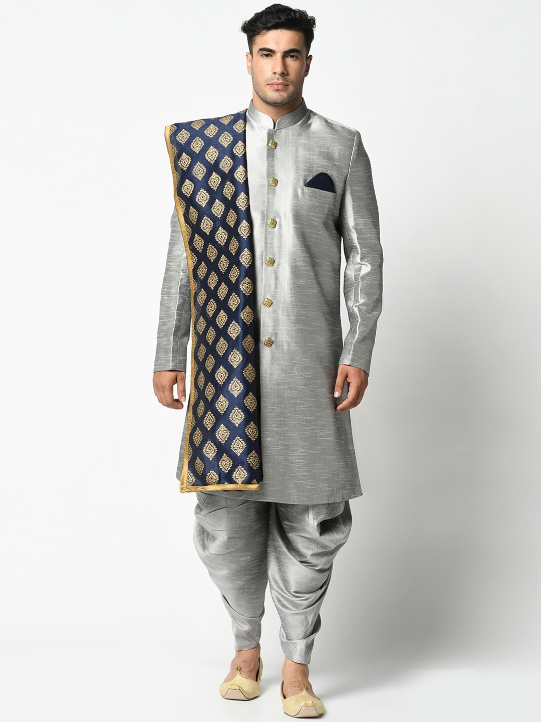 

DEYANN Men Grey & Navy Blue Sherwani With Dhoti Pants & Dupatta