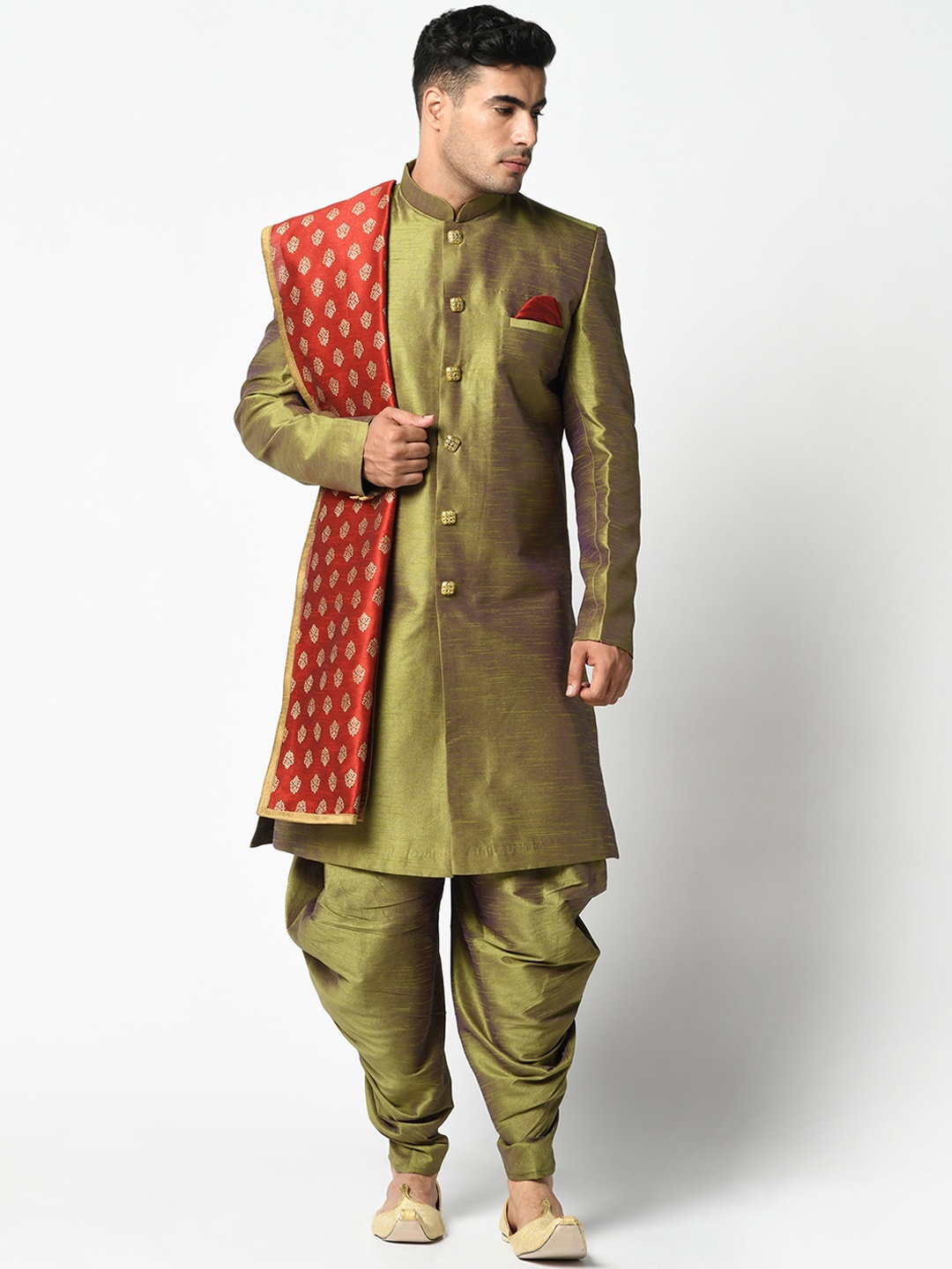 

DEYANN Men Green & Maroon Printed Sherwani Set