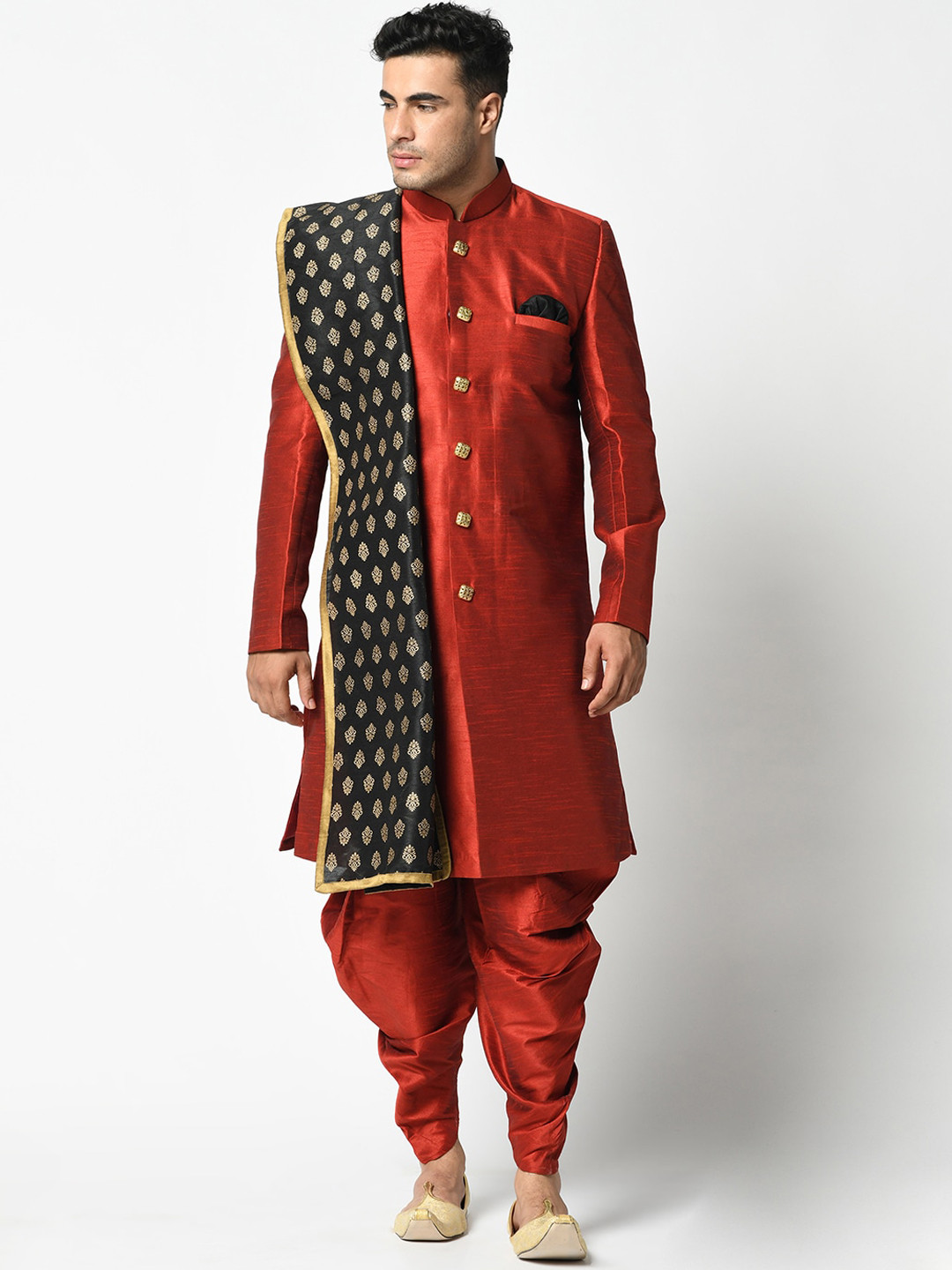 

DEYANN Men Red & Black Sherwani With Dhoti Pants & Dupatta