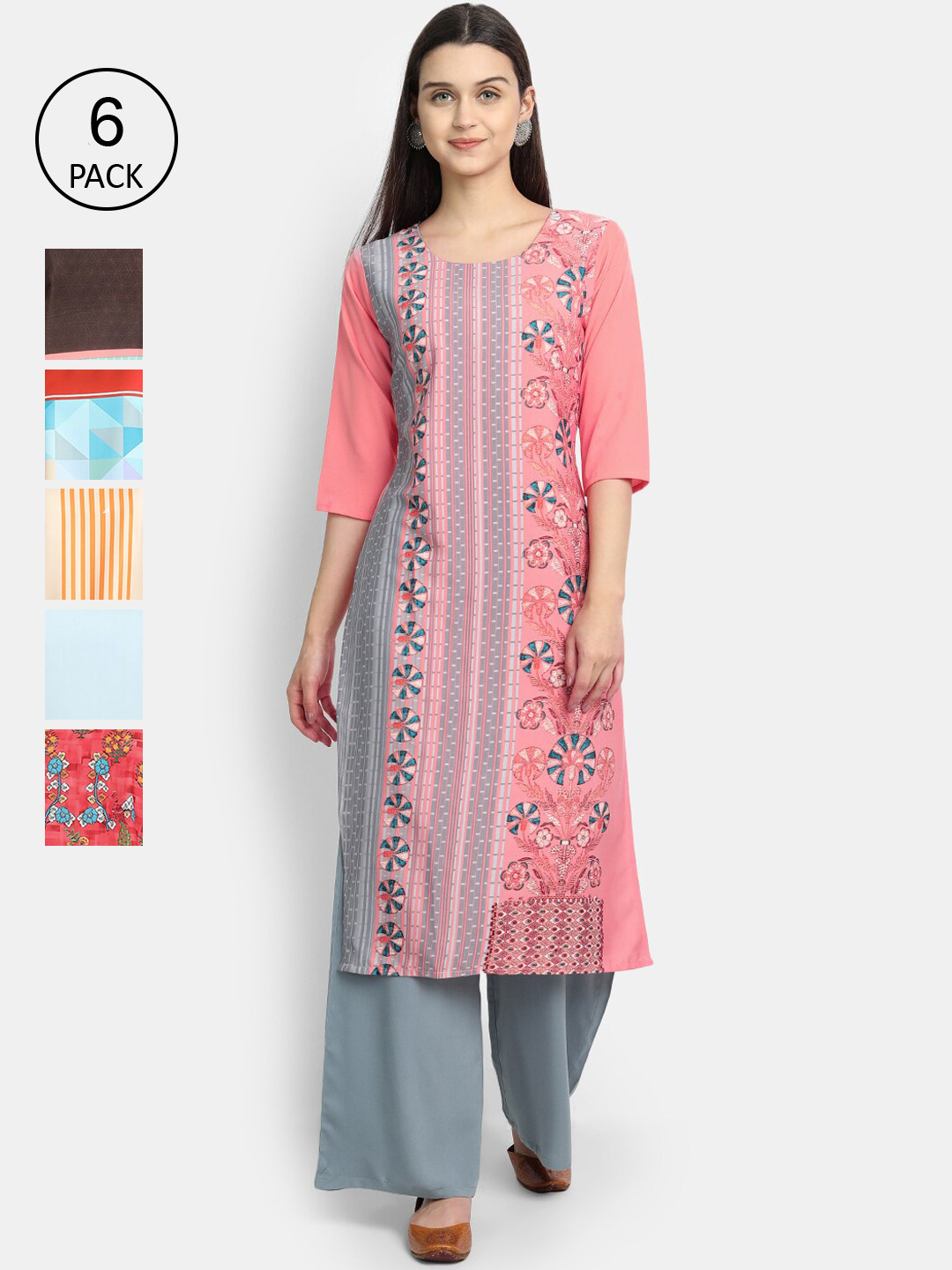 

1 Stop Fashion Women Pack Of 6 Digital Print Straight Kurta, Multi