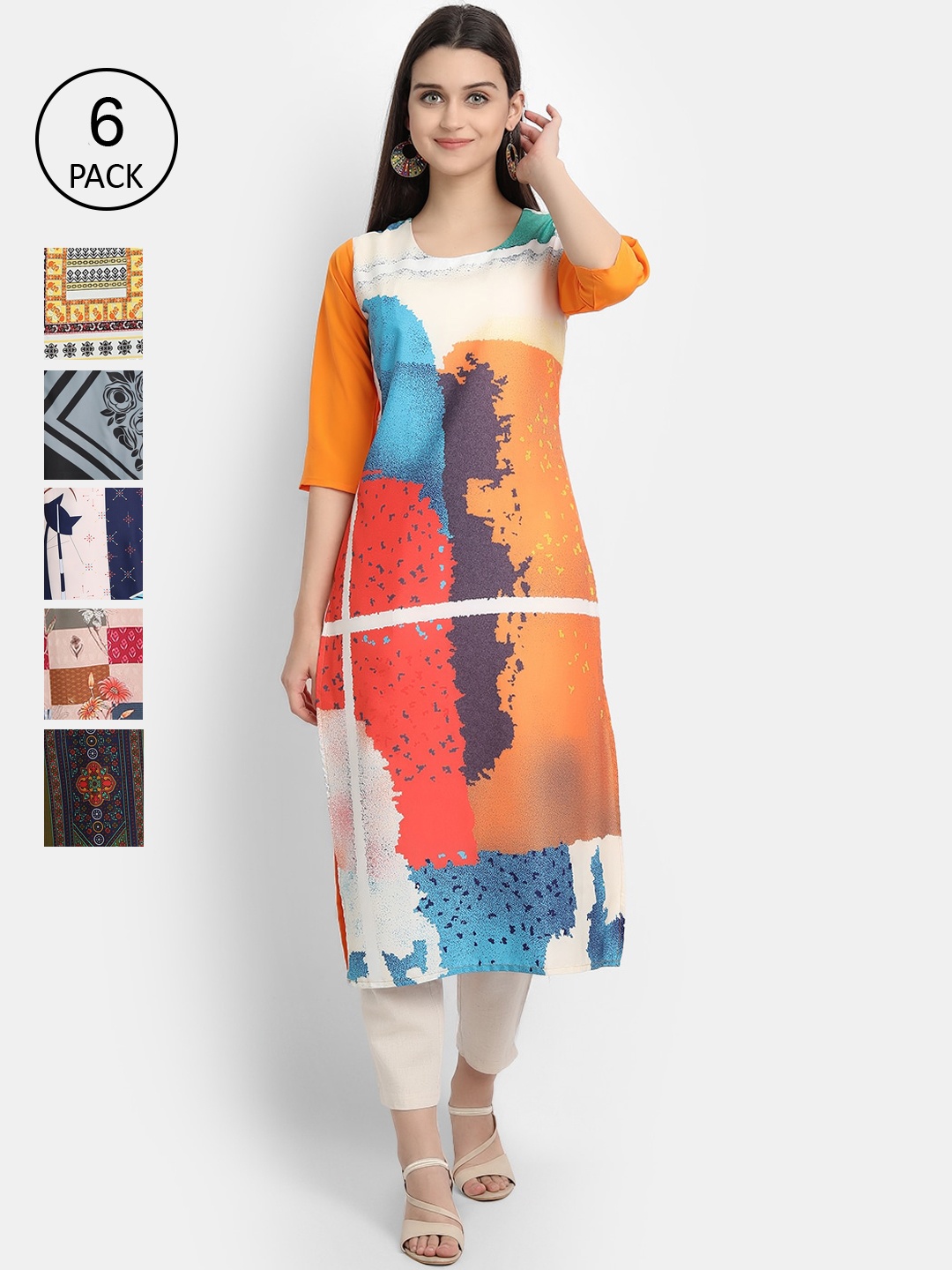 

1 Stop Fashion Women Pack Of 6 Multicoloured Digital Printed Crepe Kurta, Multi