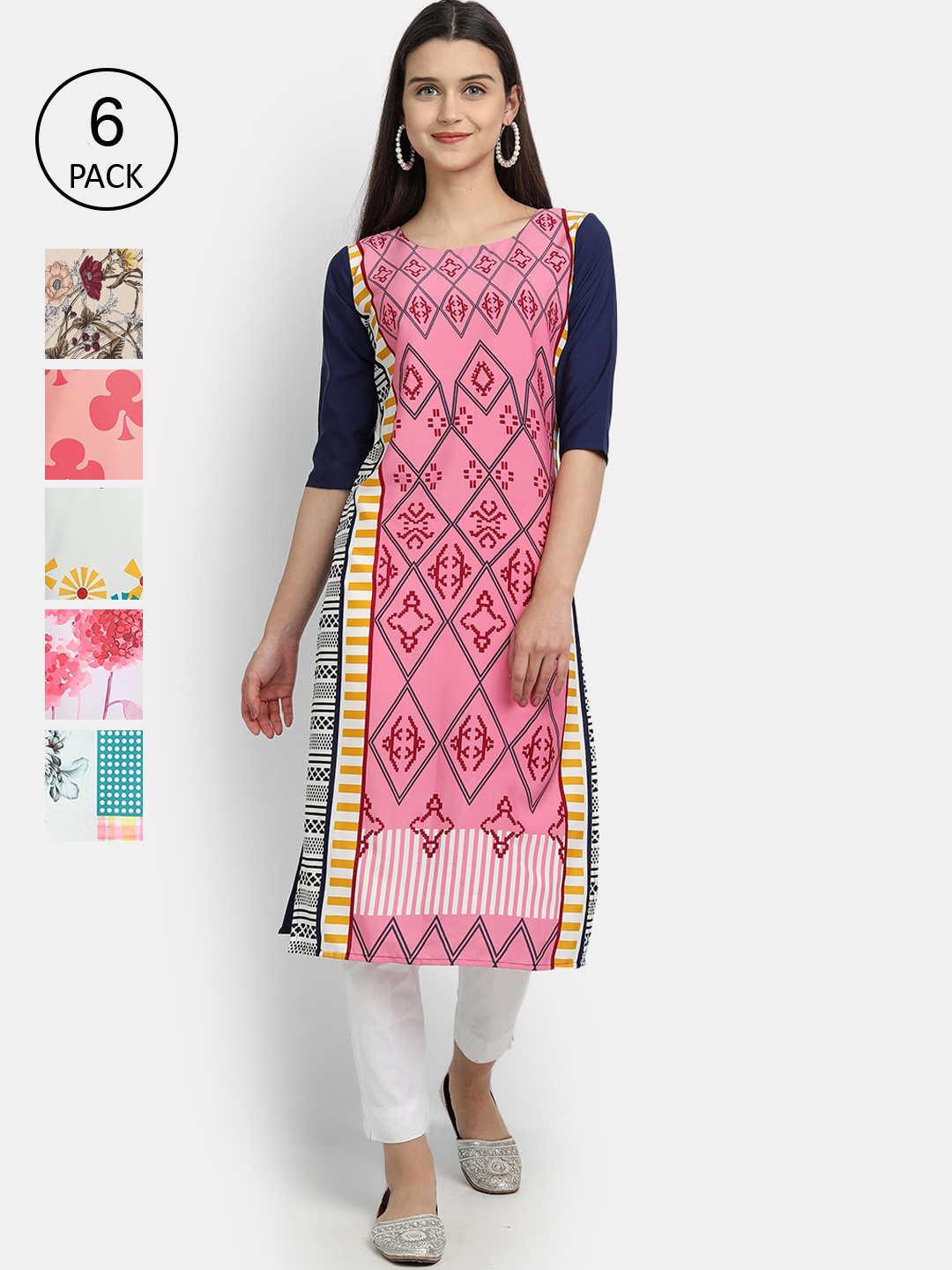 

1 Stop Fashion Women Pack Of 6 Multicoloured Digital Printed Crepe Kurta, Multi