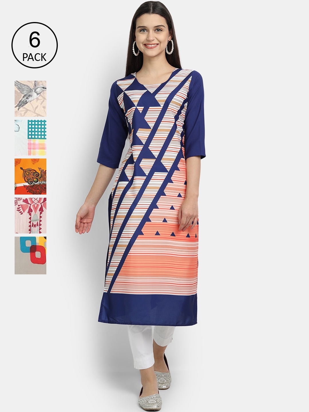 

1 Stop Fashion Woman Pack of 6 Multicoloured Geometric Printed Crepe Kurta, Multi