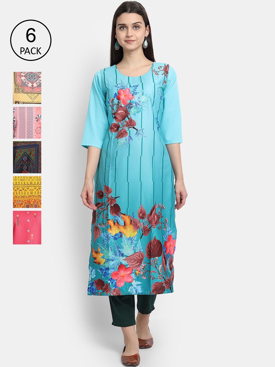 

1 Stop Fashion Women Pack of 6 Digital Printed Straight Kurtas, Blue