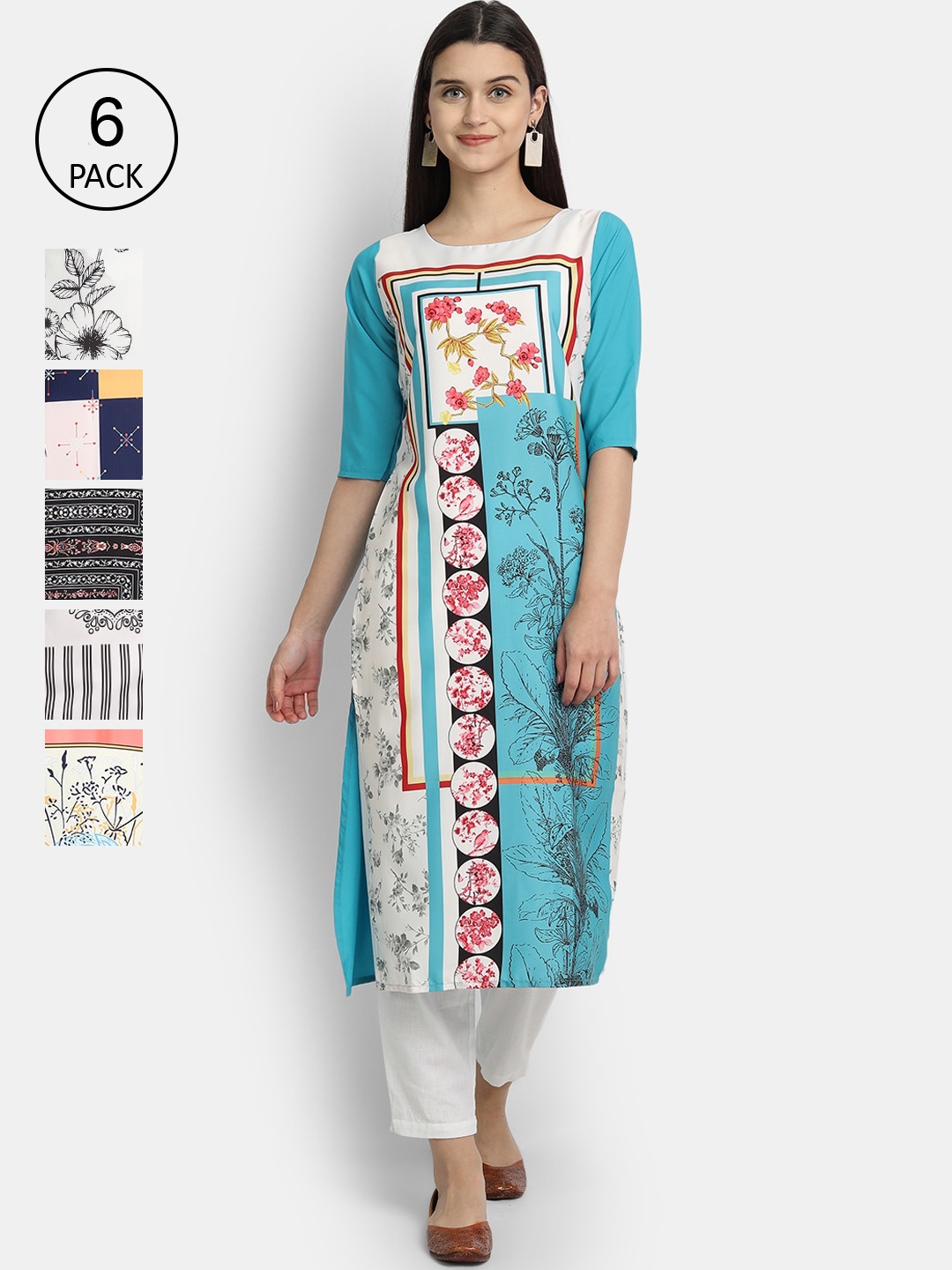 

1 Stop Fashion Women Pack Of 6 Floral Printed Kurta, Blue