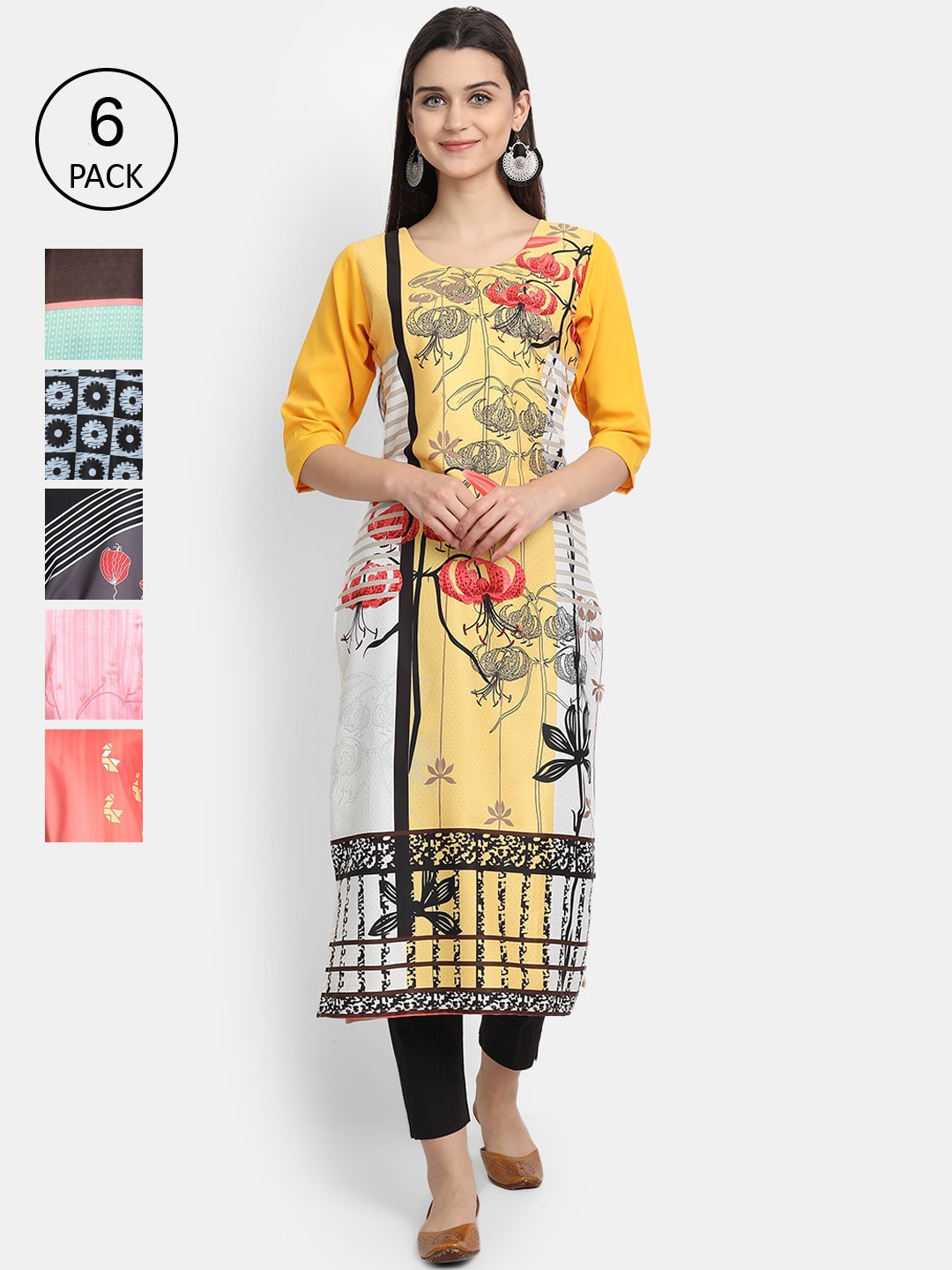 

1 Stop Fashion Women Pack Of 6 Multicoloured Digital Printed Crepe Kurta, Multi