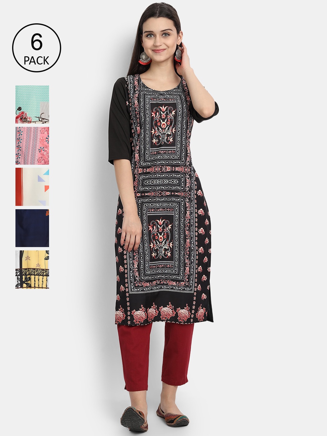 

1 Stop Fashion Women Set of 6 Printed Crepe Kurta, Multi