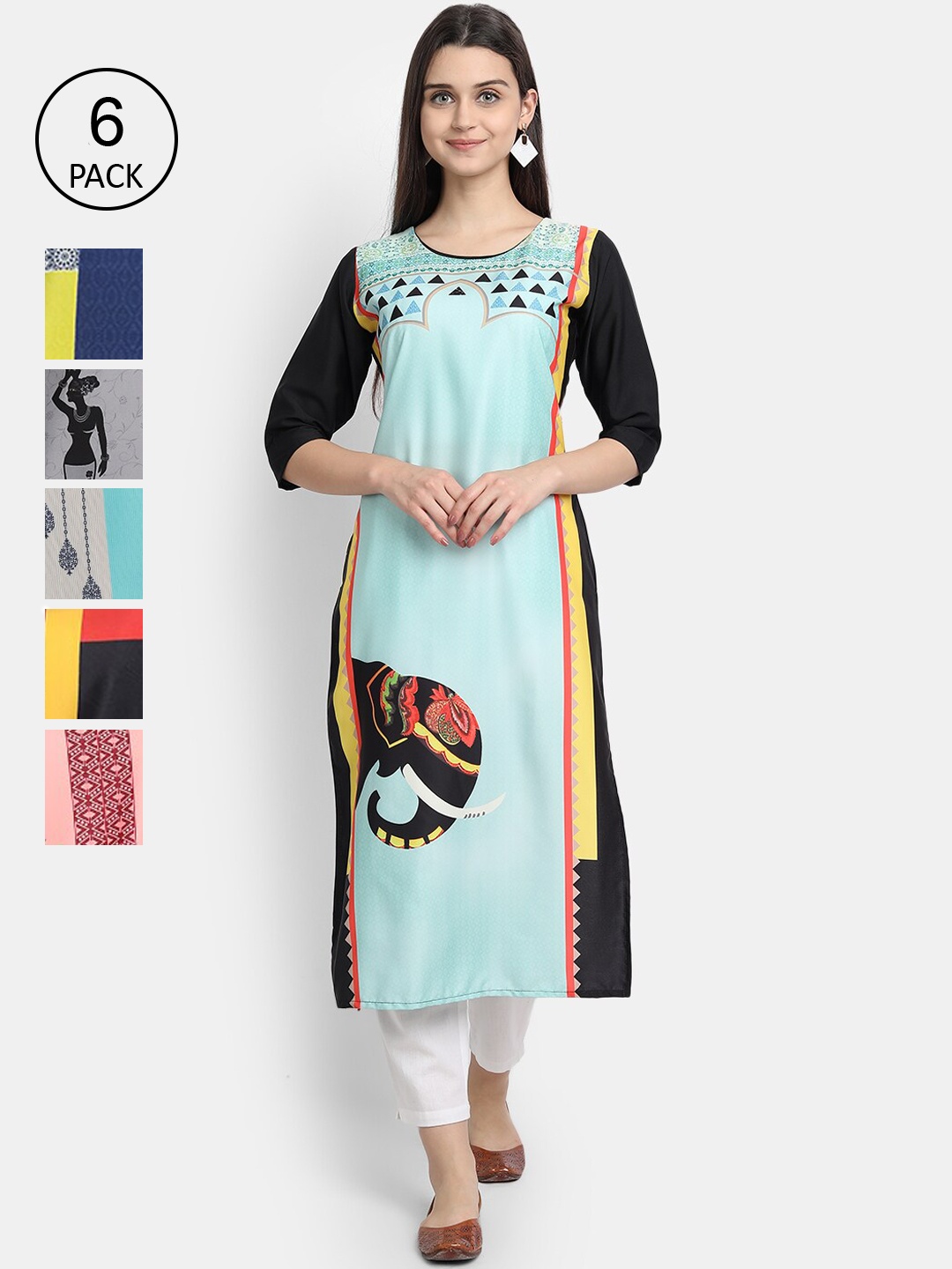 

1 Stop Fashion Women Pack of 6 Multicoloured Printed Crepe Straight Kurta, Multi