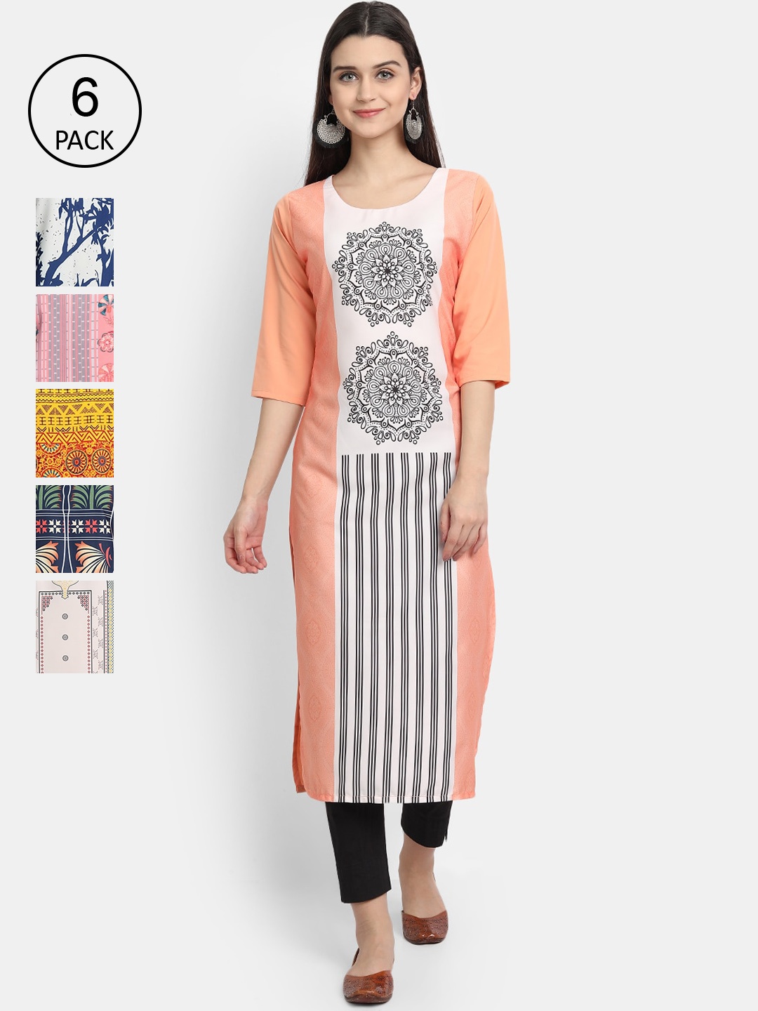

1 Stop Fashion Women Pack Of 6 Multicoloured Digital Printed Crepe Kurta, Multi