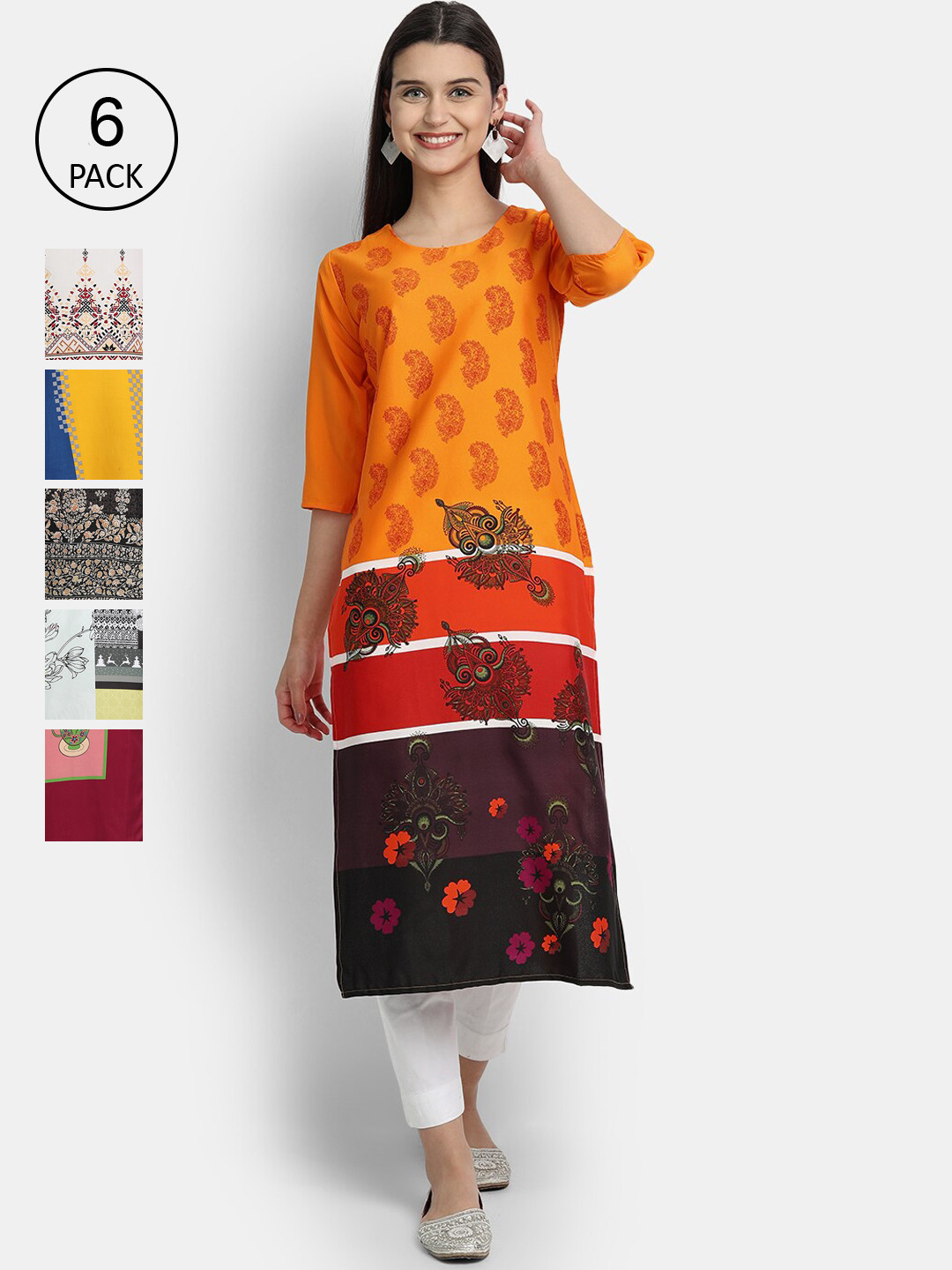 

1 Stop Fashion Women Pack of 6 Printed Kurtas, Orange
