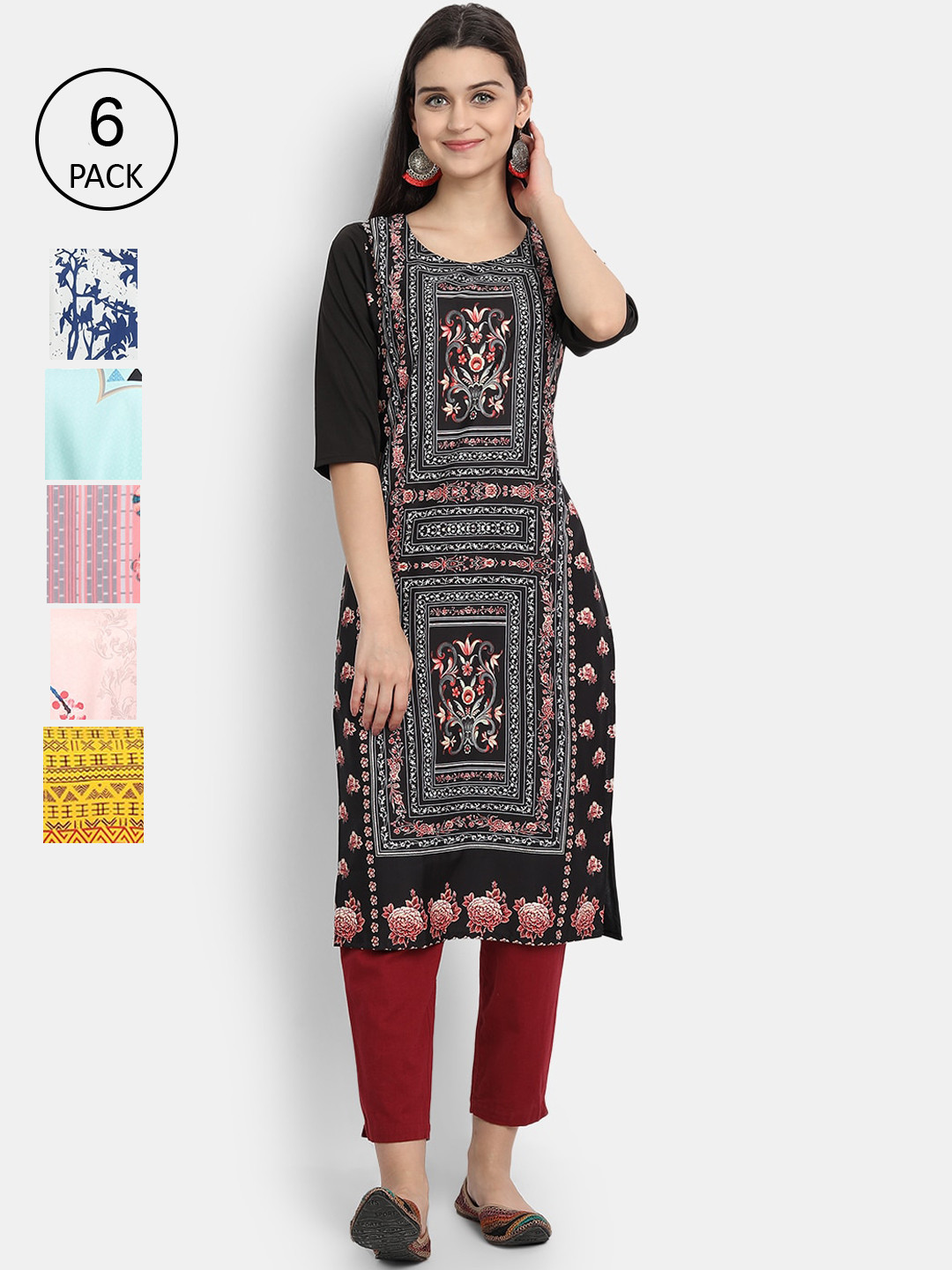 

1 Stop Fashion Women Pack Of 6 Multicoloured Digital Printed Crepe Kurta, Multi