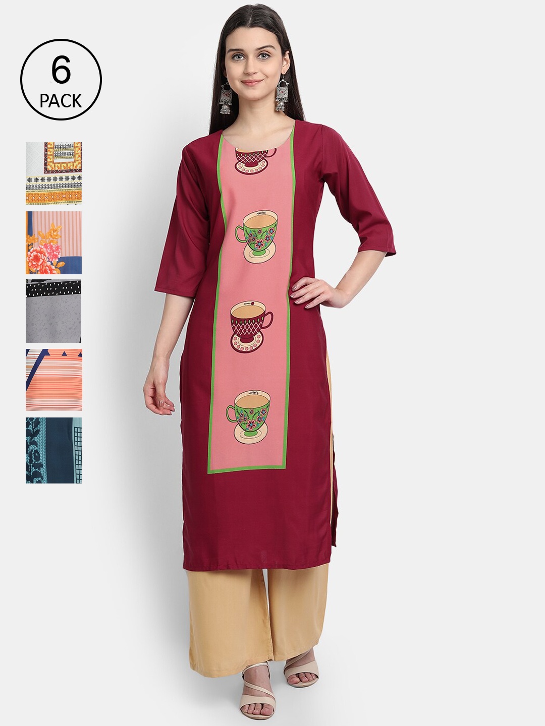 

1 Stop Fashion Women Pack of 6 Multicoloured Printed Crepe Straight Kurta, Multi