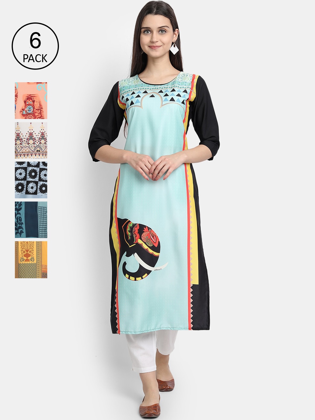 

1 Stop Fashion Women Pack Of 6 Digital Print Straight Kurta, Multi