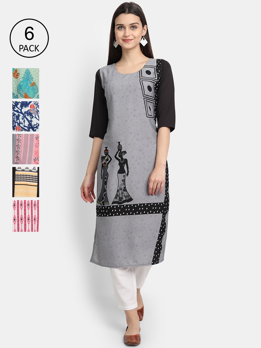 

1 Stop Fashion Women Pack Of 6 Digital Printed Crepe Kurta, Grey