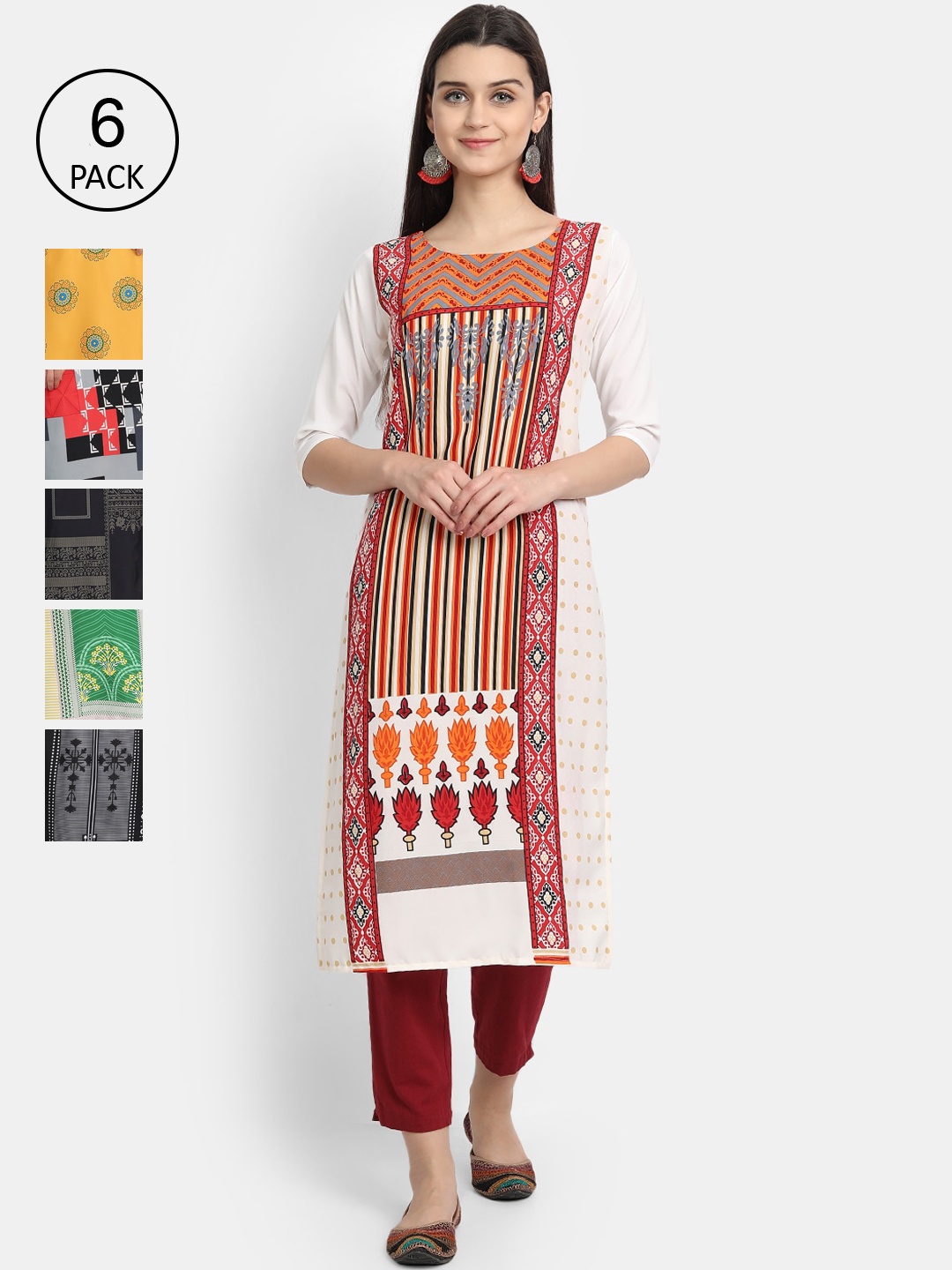 

1 Stop Fashion Women Pack Of 6 Multicoloured Geometric Printed Crepe Kurtas, Multi
