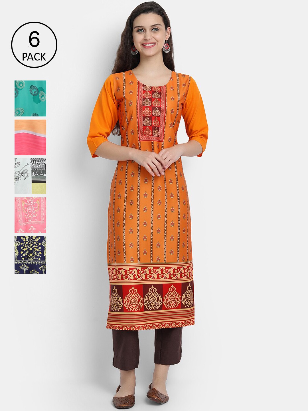 

1 Stop Fashion Women Set of 6 Printed Crepe Kurta, Multi
