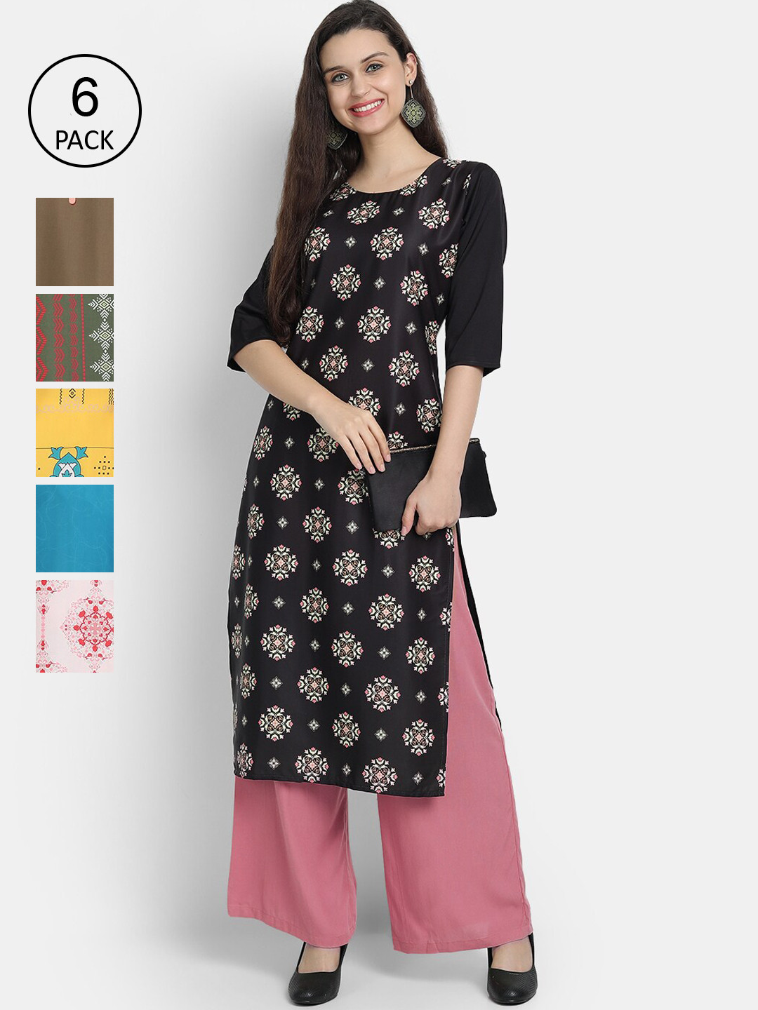 

1 Stop Fashion Women Pack of 6 Black & Pink Floral Printed Kurta