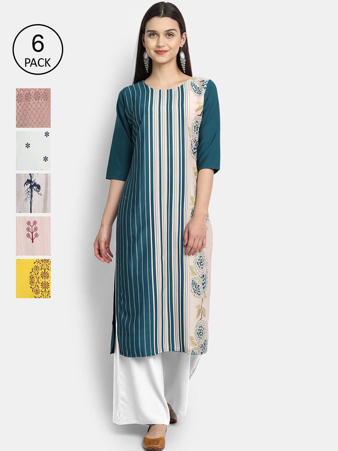

1 Stop Fashion Women Pack Of 6 Multicoloured Geometric Printed Crepe Kurtas, Multi