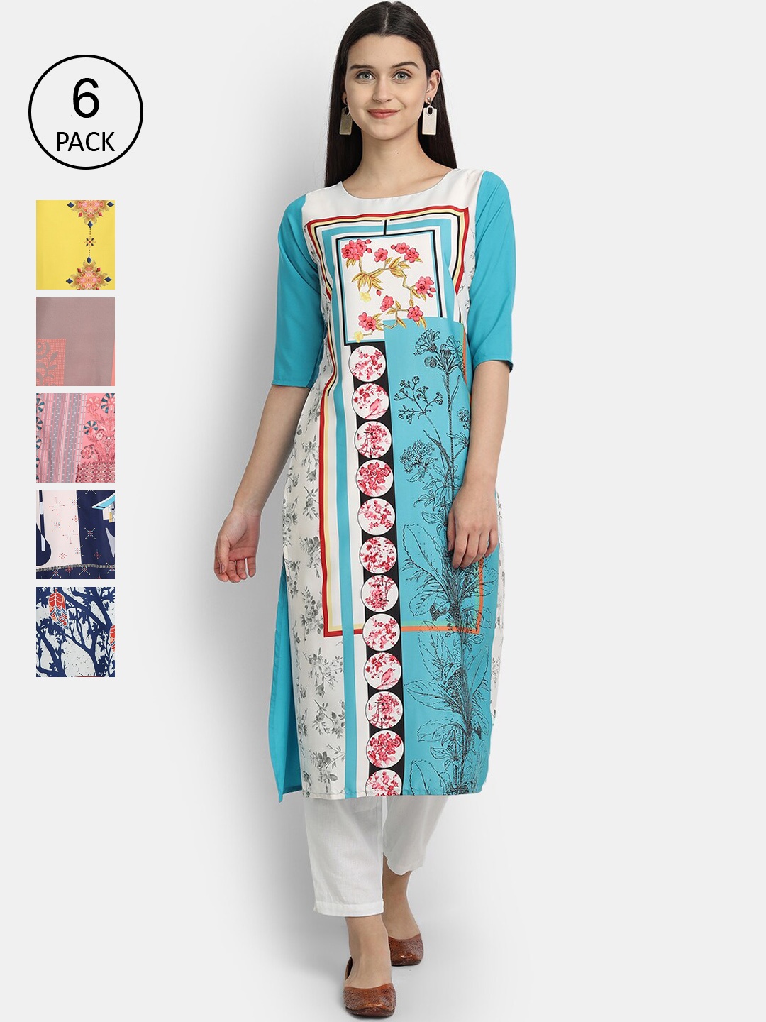 

1 Stop Fashion Women Pack of 6 Blue & Yellow Floral Printed Kurta