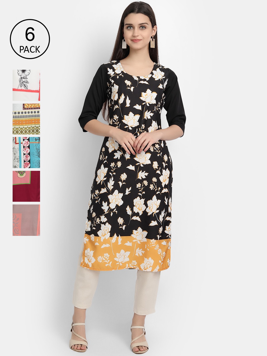 

1 Stop Fashion Women Pack Of 6 Kurtas, Black