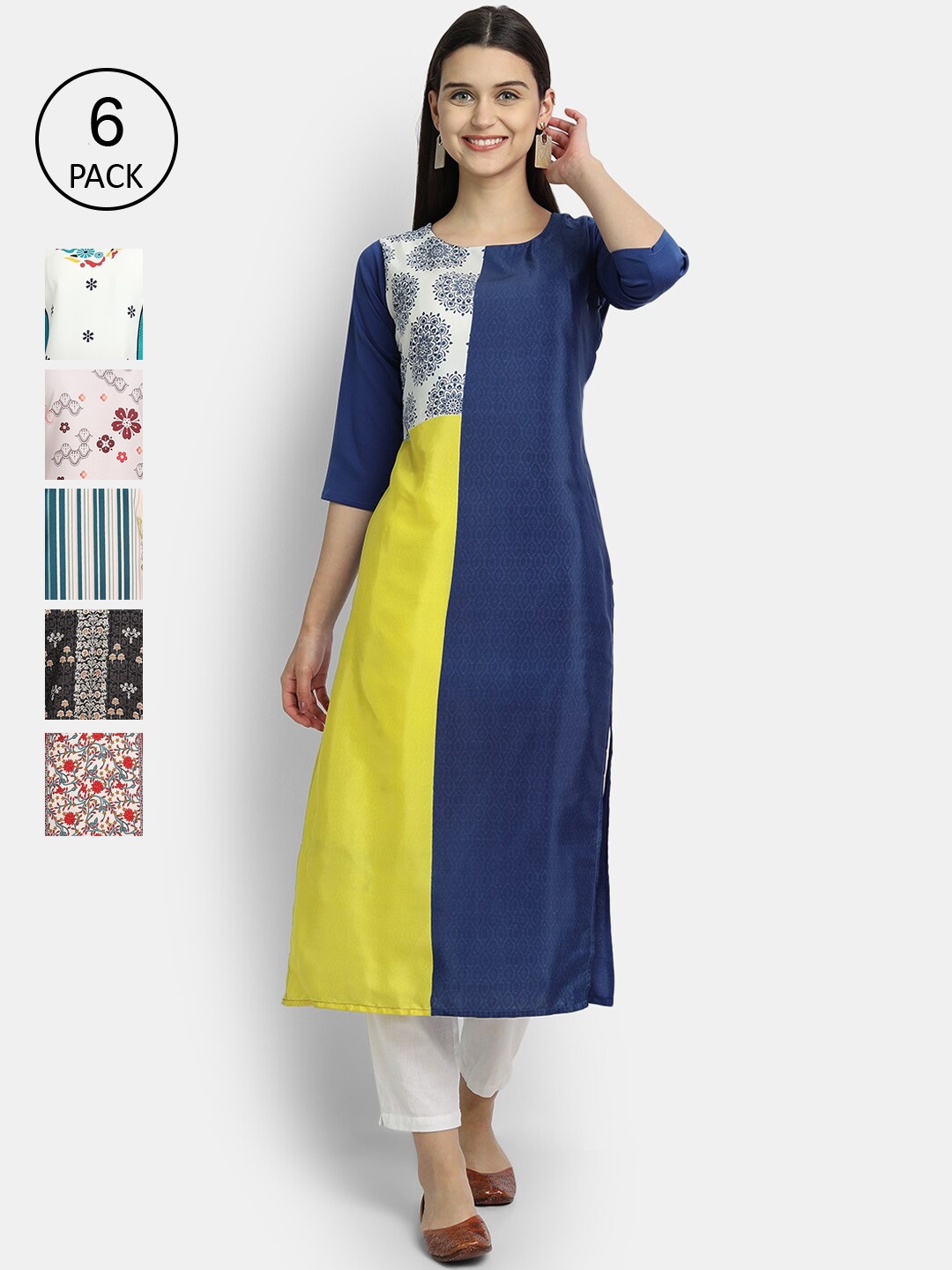 

1 Stop Fashion Women Pack of 6 Multicoloured Printed Crepe Straight Kurta, Multi
