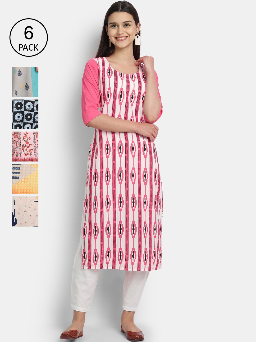 

1 Stop Fashion Women Pack Of 6 Digital Printed Crepe Kurta, Pink