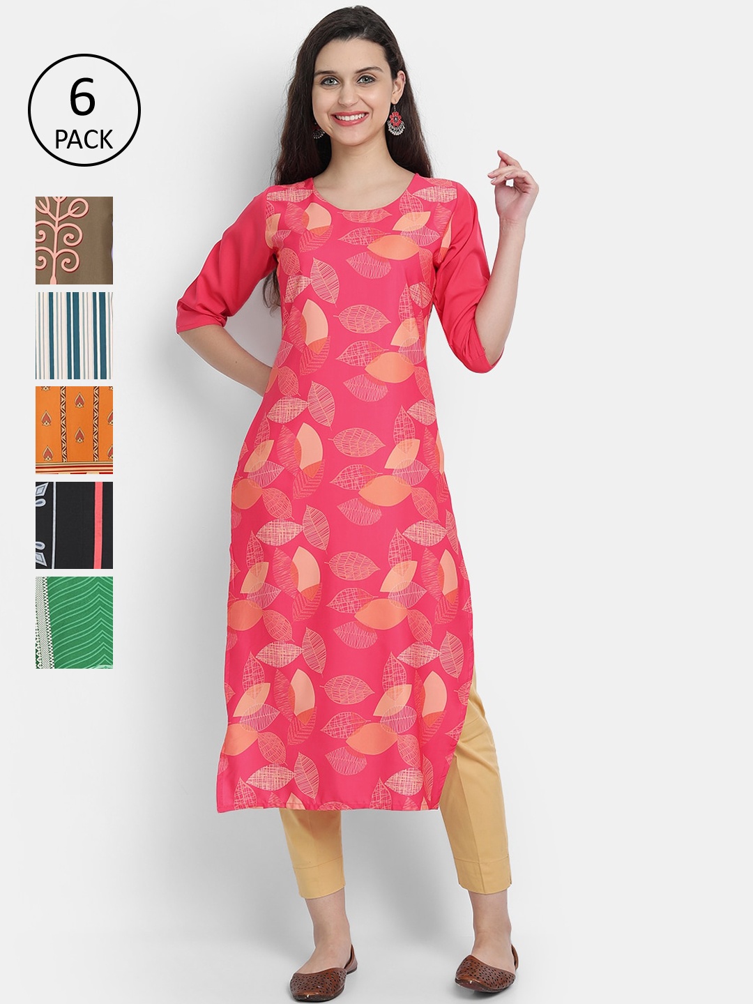 

1 Stop Fashion Pack of 6 Women Printed Crepe Kurta, Multi
