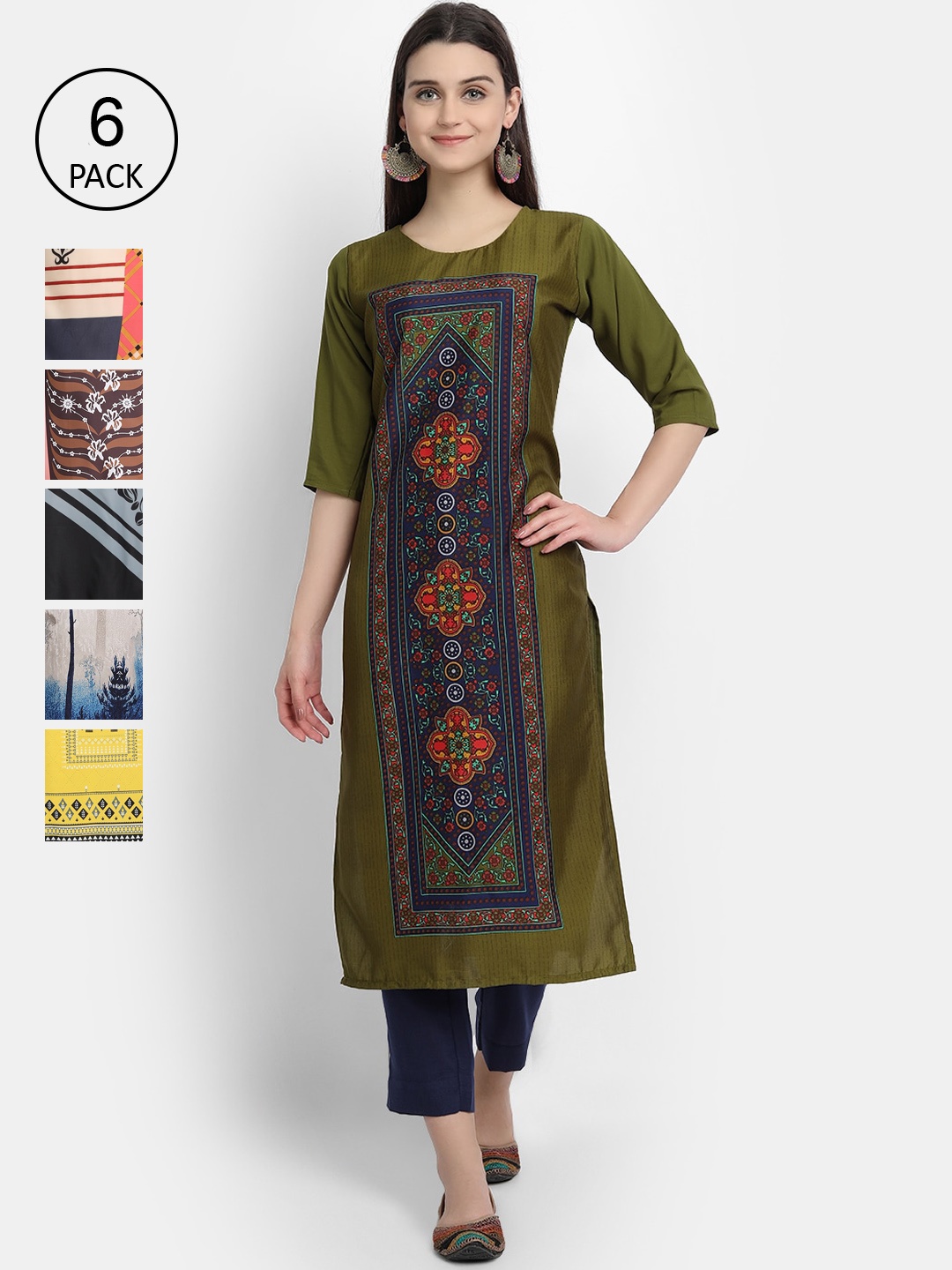 

1 Stop Fashion Pack of 6 Women Printed Crepe Kurta, Multi