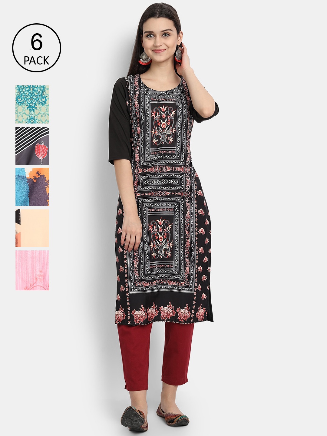 

1 Stop Fashion Women Pack Of 6 Digital Print Straight Kurta, Multi