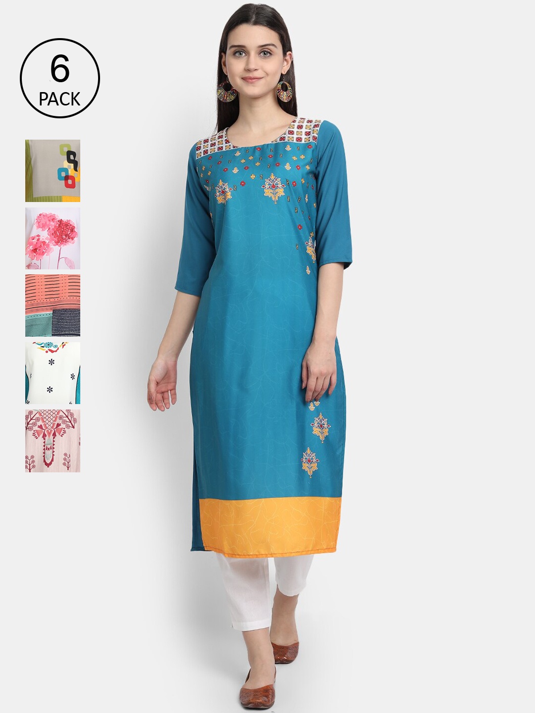 

1 Stop Fashion Women Pack Of 6 Floral Printed Kurta, Blue
