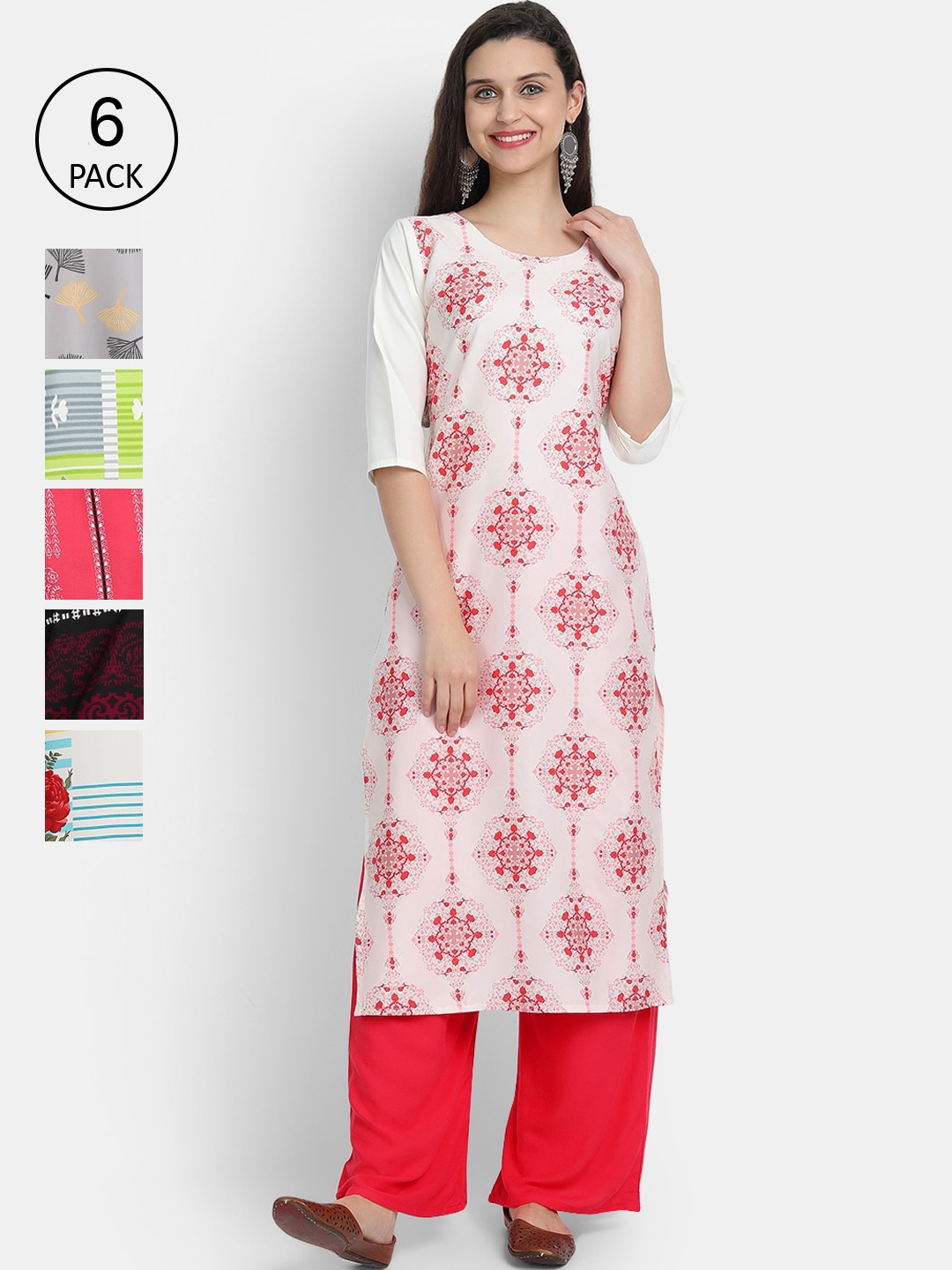 

1 Stop Fashion Women Pack Of 6 Multicoloured Digital Printed Crepe Kurta, Multi