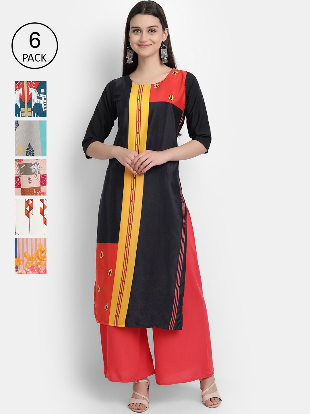 

1 Stop Fashion Women Pack Of 6 Multicoloured Geometric Printed Crepe Kurtas, Multi
