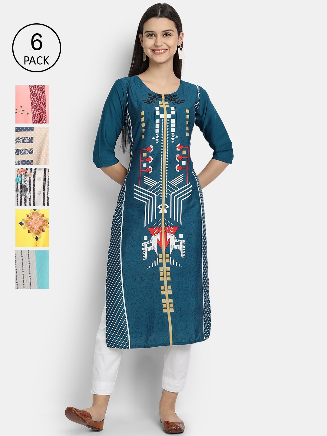 

1 Stop Fashion Women Pack Of 6 Multicoloured Digital Printed Crepe Kurta, Multi