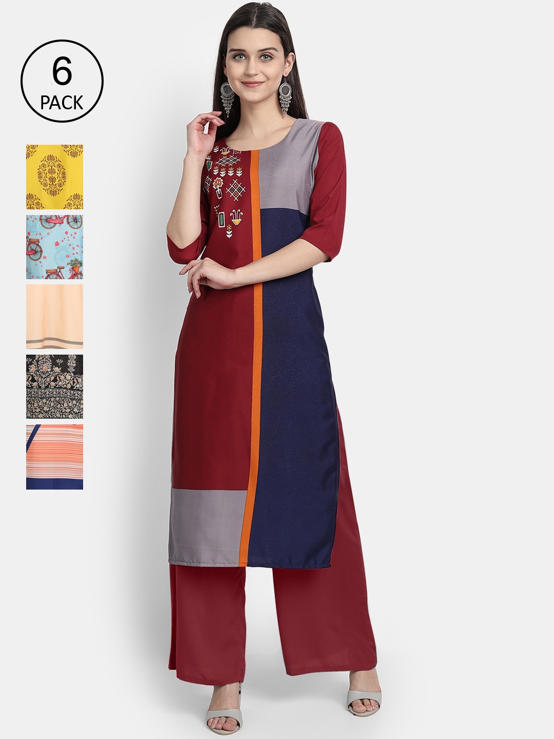

1 Stop Fashion Women Pack of 6 Maroon & Yellow Colourblocked Kurta