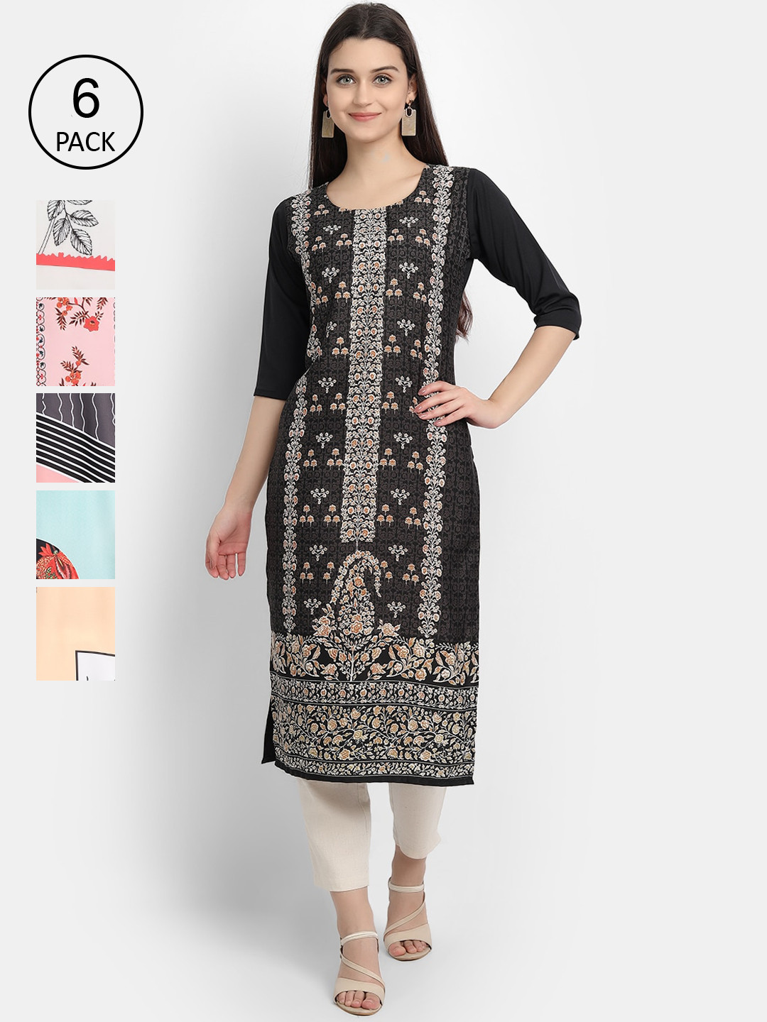 

1 Stop Fashion Women Pack Of 6 Multicoloured Digital Printed Crepe Kurta, Multi