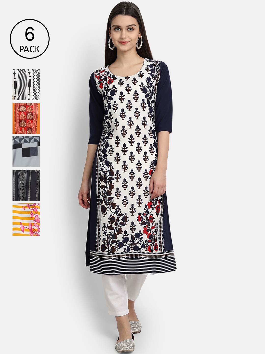 

1 Stop Fashion Women Pack Of 6 Digital Printed Crepe Kurta, Black