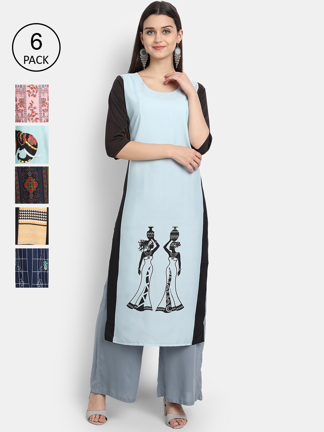 

1 Stop Fashion Women Pack of 6 Blue & Pink Ethnic Motifs Printed Kurta