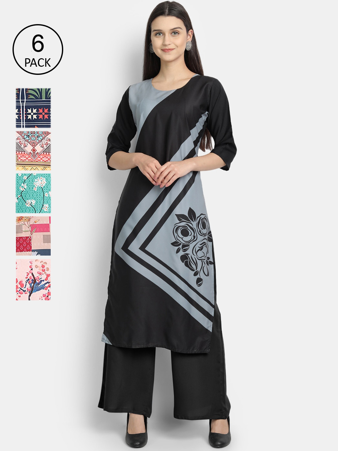 

1 Stop Fashion Women Pack of 6 Digital Printed Straight Kurtas, Black