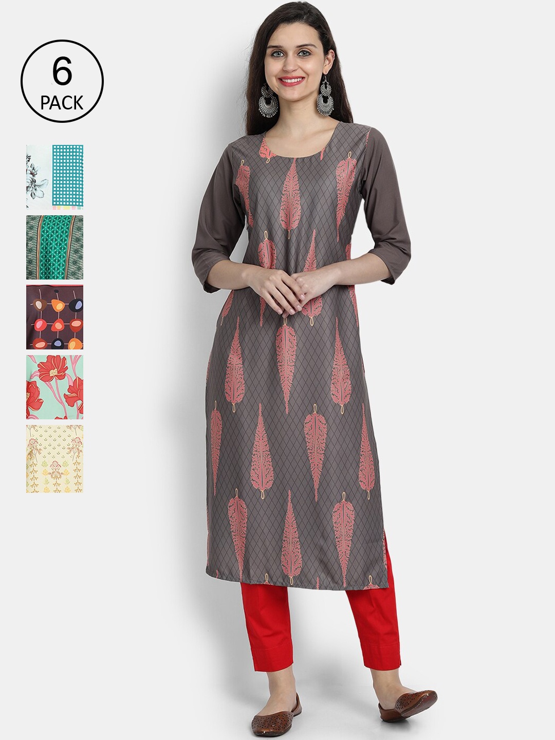 

1 Stop Fashion Women Pack Of 6 Printed Crepe Kurta, Grey